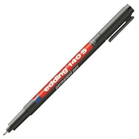 Edding Asetat Kalemi Siyah E-140S, 0,3 mm ince uçlu permanent siyah asetat kalemi, kapaklı, önden