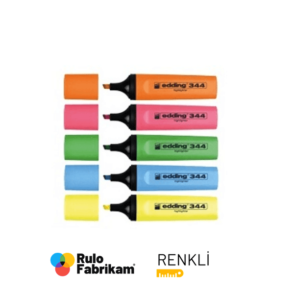 Edding Fosforlu Kalem 5 Adet Renkli, sarı, mavi, yeşil, pembe ve turuncu fosforlu kalem seti, önden