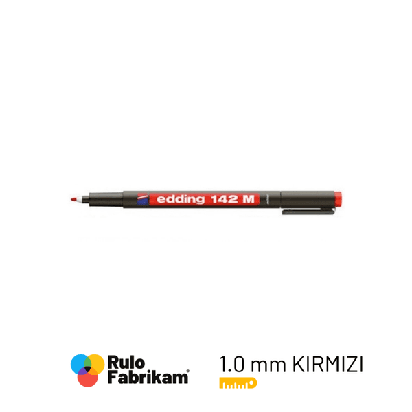 Edding Asetat Kalemi Kırmızı E-142M, 1,0 mm yuvarlak uçlu kalıcı kırmızı asetat kalemi, kapaklı, önden