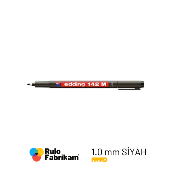 Edding Asetat Kalemi Siyah E-142M, 1,0 mm yuvarlak uçlu kalıcı siyah asetat kalemi, kapaklı, önden