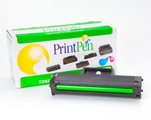 Samsung D104S printpen muadil tonerin kod etiketi ve kartuş gövdesi düz zemin üzerinde