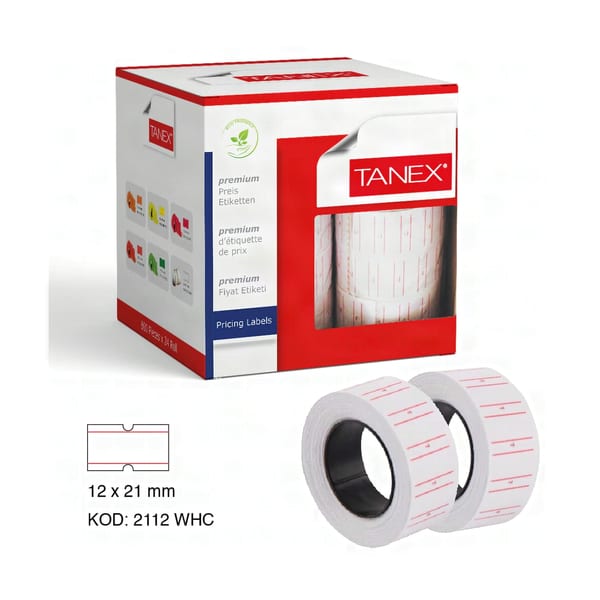 12x21 mm tanex çizgili beyaz etiketin yüzeyi ve çizgi düzeni yakın çekimde