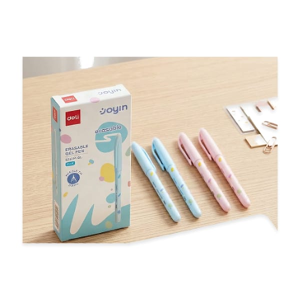 Deli Coyin Silinebilir Gel Pen 0,5 mm Mavi, yazısı silinebilen mavi jel kalem, kapaklı, önden