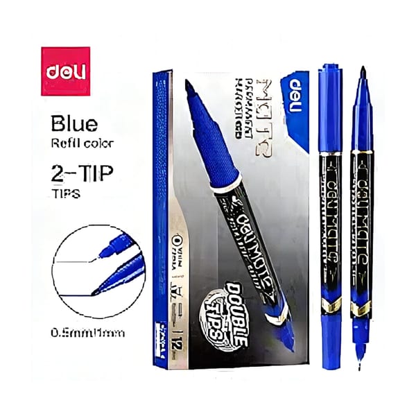Deli Permanent Asetat Marker 1,0-0,5 mm Çift Uçlu Mavi, iki uçlu kalıcı mavi asetat kalemi, kapaklı, önden