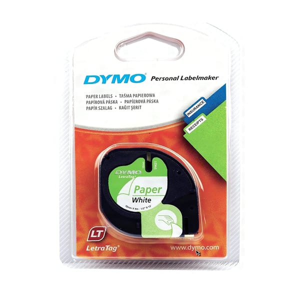 Dymo Letratag dymo kağıt etiket şeridinin kaset ve şerit görünümü bütün hâlde