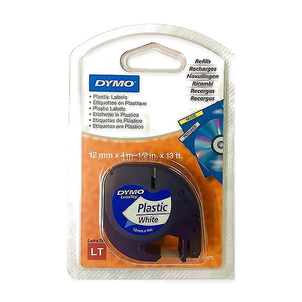 Dymo Letratag dymo plastik etiket şeridinin kaset ve şerit görünümü tek kare içinde