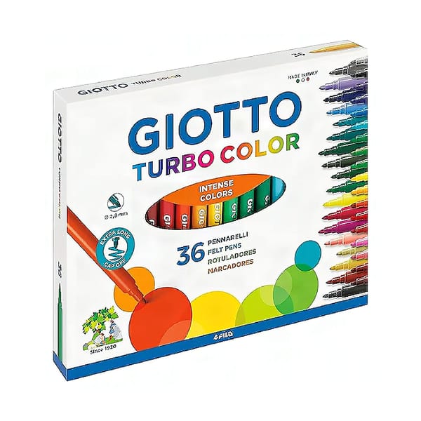 Giotto Turbo Color otuz altı renkli keçeli kalem kutusunun açık duruşu