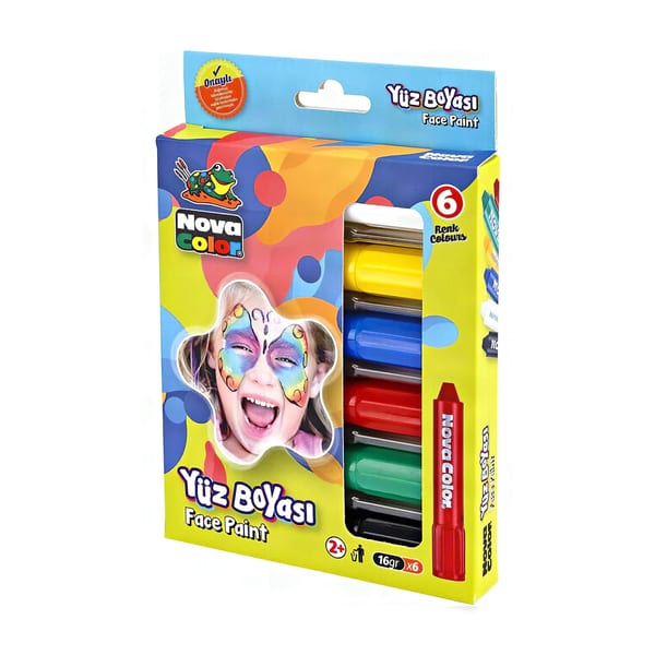 N.color Yüz boyası setinin altı renkli paletinin bütün hâlde duruşu