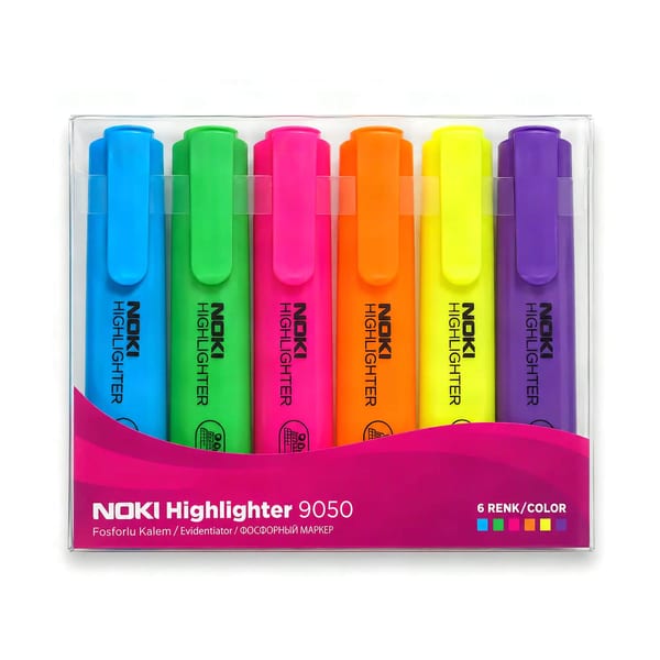 Noki Neon Fosforlu Kalem 6’lı Pet, altı neon renkli fosforlu kalem seti, pet kutulu, önden
