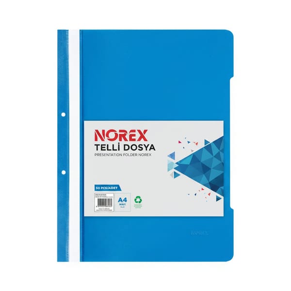 Norex Telli Dosya Mavi 50’li Paket, mavi kapaklı ekonomik telli dosya, sayfalar tel üzerinde, önden