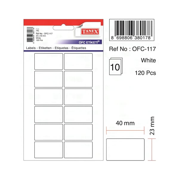 OFC-117 Beyaz Ofis Etiketi 10 Adet, elle yazılan beyaz yapışkanlı ofis etiketi, 10 adetlik paket, önden