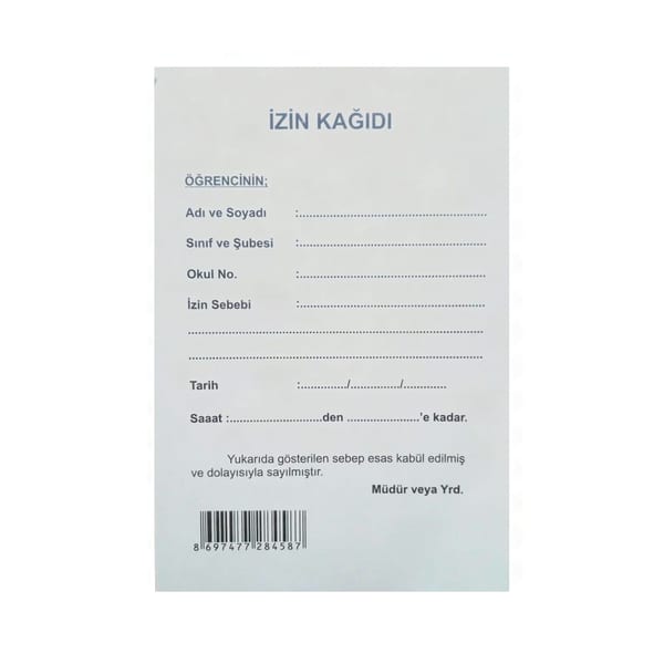 Öğrenci izin kağıdının koçanlı ve açık tek kare içinde duruşu