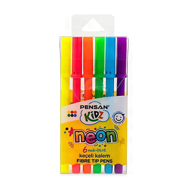 Pensan Kidz neon keçeli kalemlerin altı renkli tek kare içinde duruşu