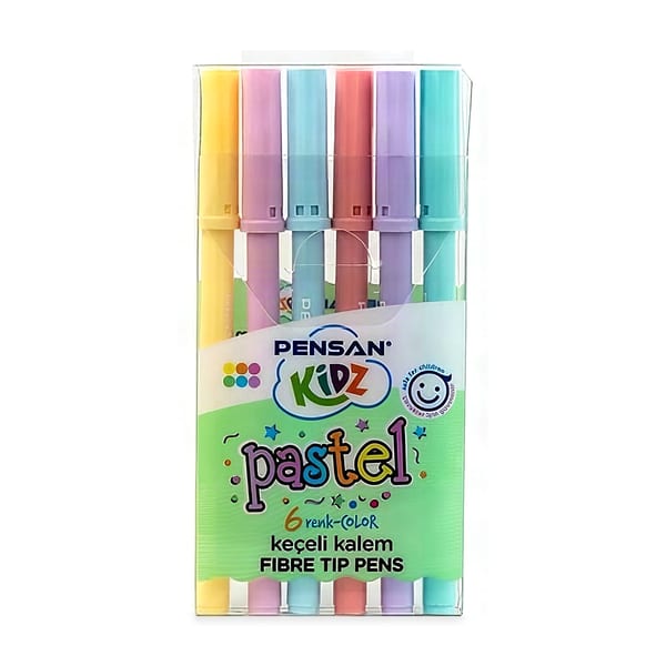Pensan Kidz pastel keçeli kalemlerin altı renkli yakın çekimde duruşu