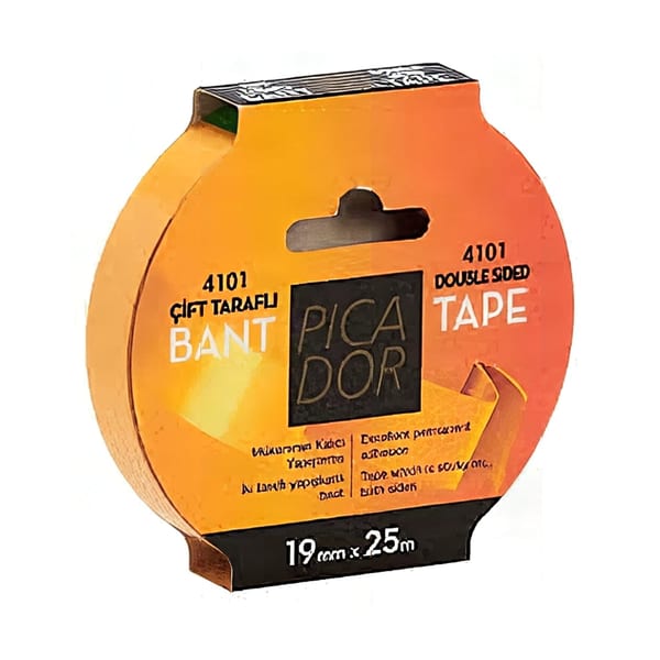 Picador Çift Taraflı Bant 19x25 askılı ambalaj ve rulo görünümü