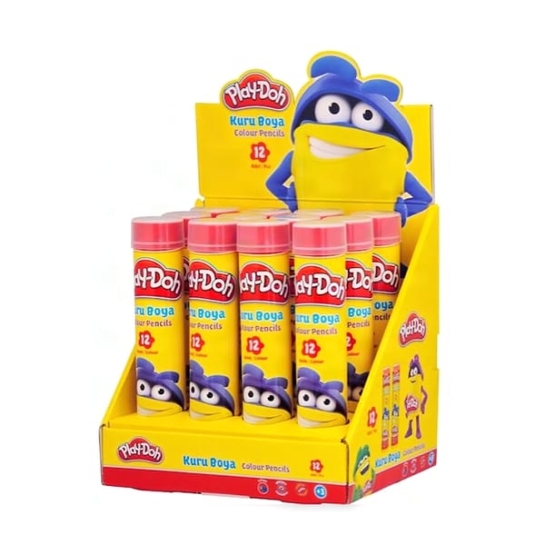 Play-Doh Kuruboya tüp ambalajlı on iki renkli setin düz zemin üzerinde duruşu
