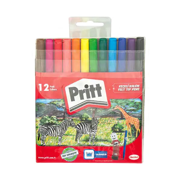Pritt Keçeli on iki renkli kalem setinin açık düz zemin üzerinde duruşu