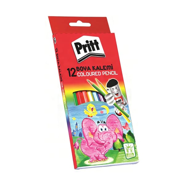 Pritt Kuru boya karton kutulu on iki renkli setin yakın çekimde duruşu