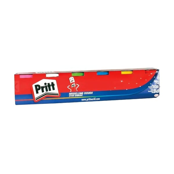 Pritt oyun hamuru setinin altı renkli kutu düz zemin üzerinde duruşu