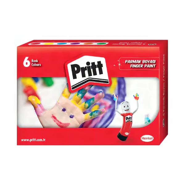 Pritt Parmak boyasının altı renkli kaplarının düz zemin üzerinde duruşu