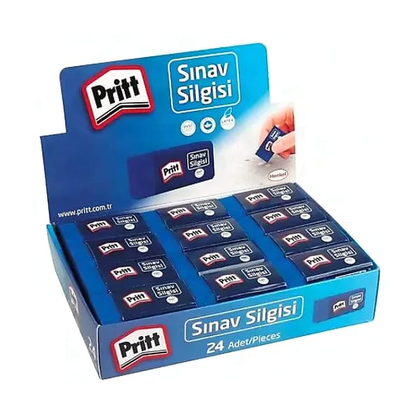Pritt Sınav Silgisi yirmi dörtlü paket ve silgi görünümü, ürün görünümü