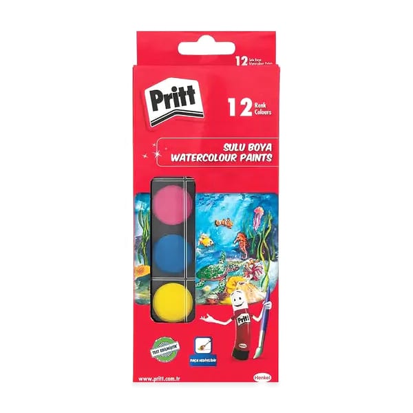 Pritt Sulu boya küçük tabletli on iki renkli setin düz zemin üzerinde duruşu