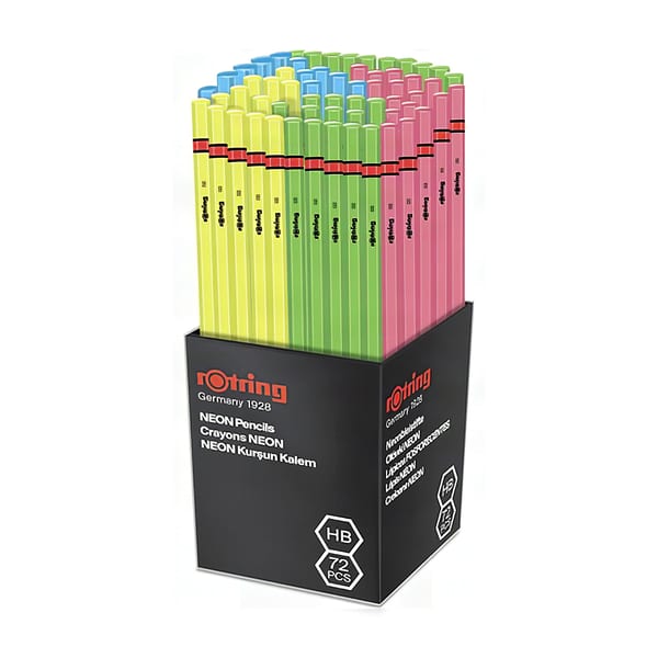 Rotring neon gövdeli kurşun kalemlerin toplu kutu yakın çekimde duruşu