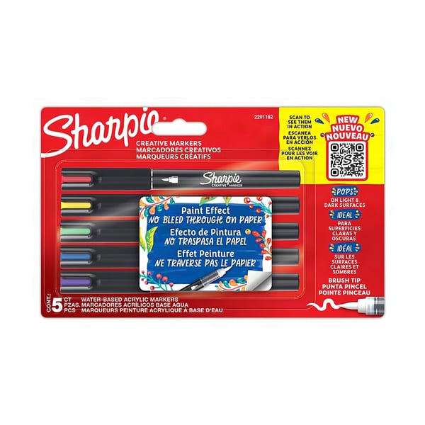 Sharpie akrilik markör fırça uçlu 5'li blister paket görünümü