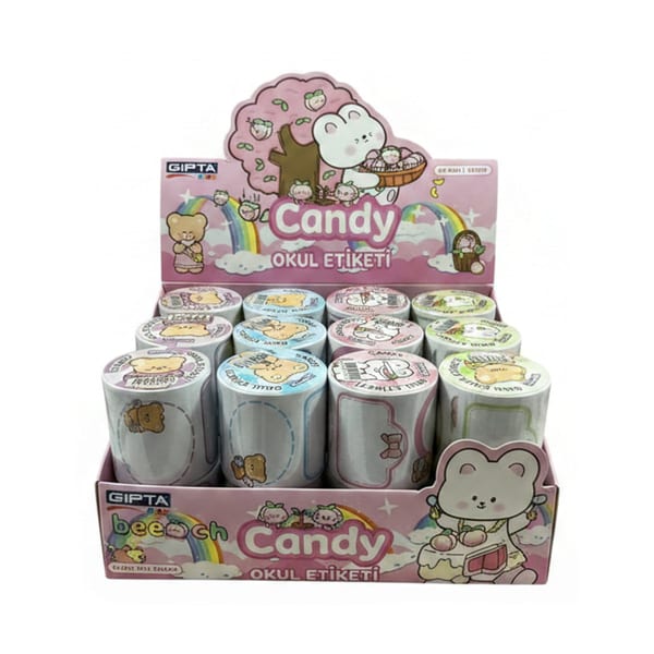 Sticker Candy rulo etiketin açılmış desenli yüzeyi bütün hâlde