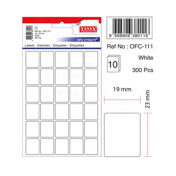 Tanex Ofis Etiketi OFC-111 Beyaz 10’lu, elle yazılan beyaz yapışkanlı Tanex ofis etiketi, 10’lu poşet, önden