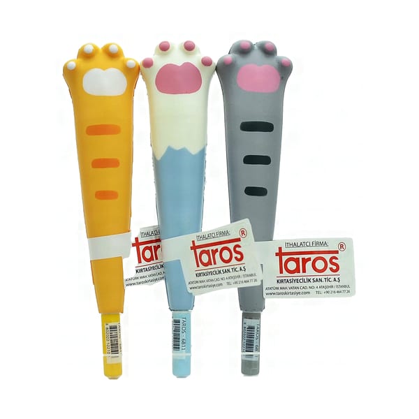 Taros Unick Color figürlü tükenmez kalemlerin raf yandan bakışla duruşu